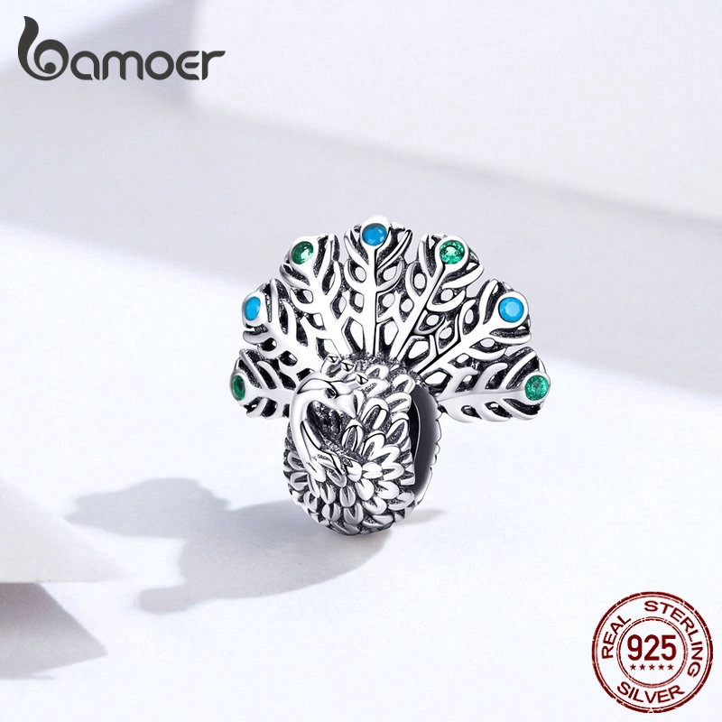 Hạt Trang Sức Bamoer bạc Hình Chim Công 3d Sang Trọng Cỡ 3mm