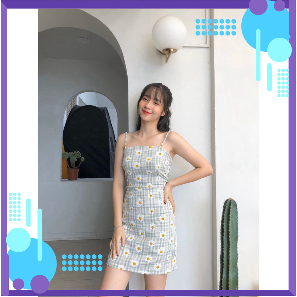 VÁY 2 DÂY KẺ CARO DAISY KHÓA KÉO CHUN SAU QUẢNG CHÂU - VÁY CHỮ A SỌC HOA CÚC HOT [ cực hot ]
