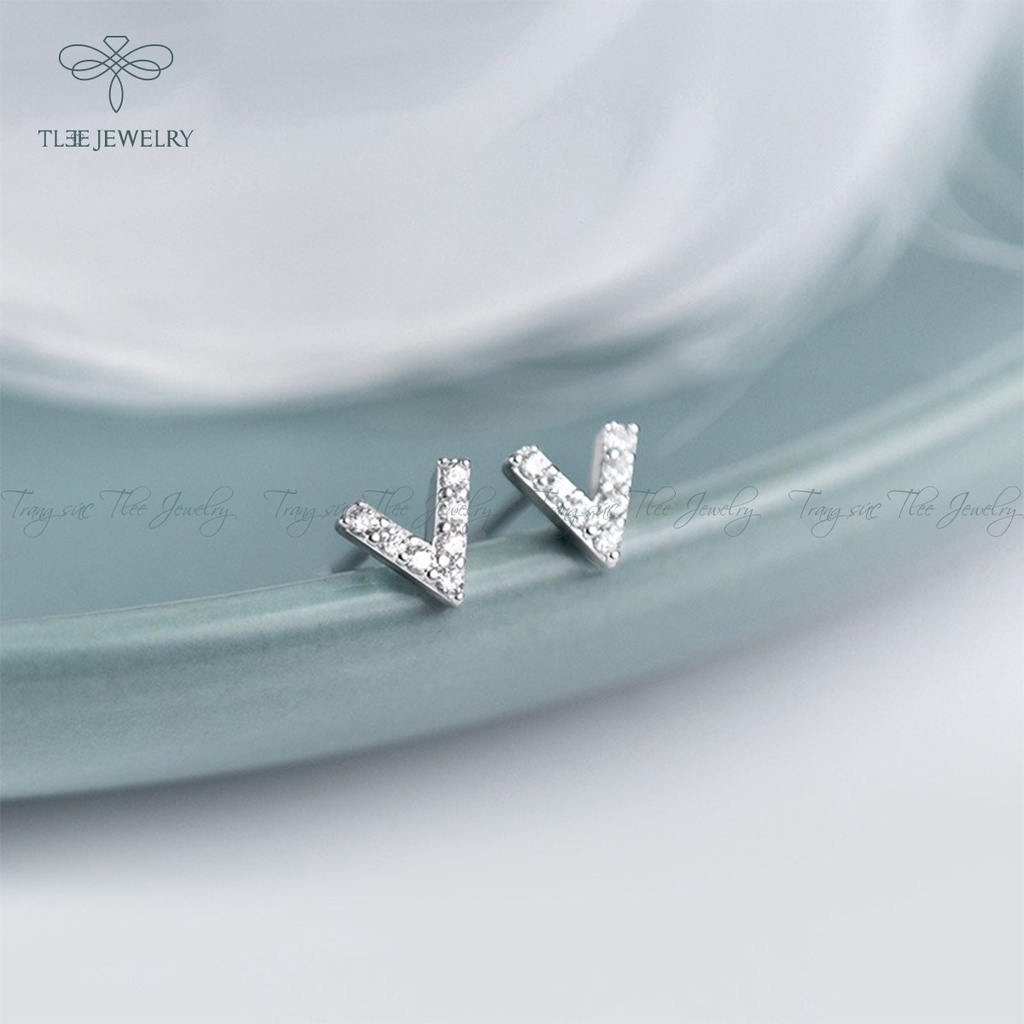 Khuyên tai bạc nữ TLEE chữ V nạm đá mini xinh xắn NCJ B0135