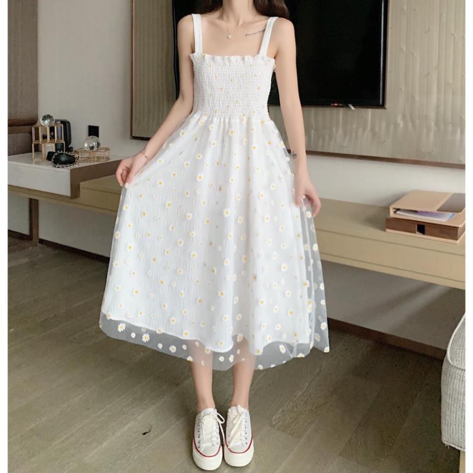 Váy 2 dây dáng dài trắng bánh bèo hoa cúc vintage, váy hai dây bản to phong cách ulzzang Hàn Quốc V07 - Peyy Clothing  ཾ