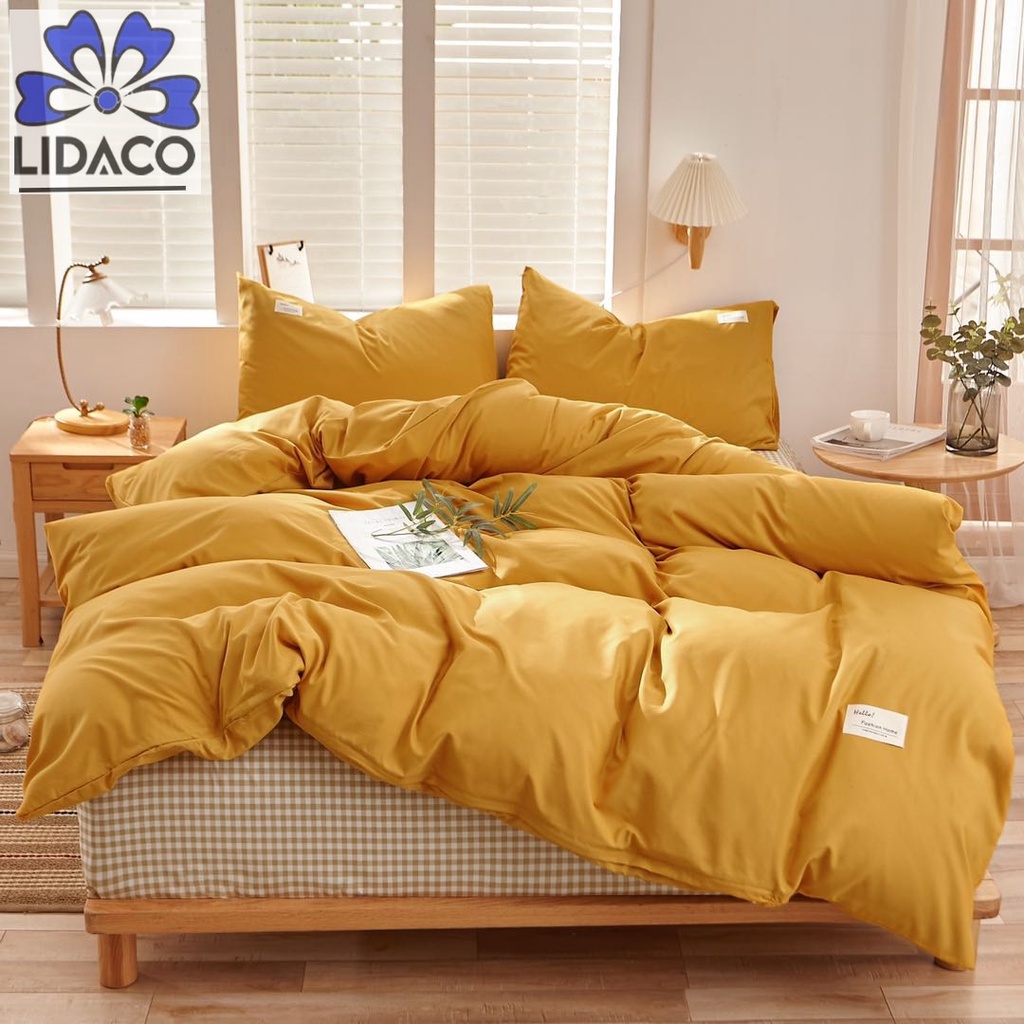 Bộ vỏ chăn ga gối cotton tici mix drap caro Lidaco cotton đũi trơn dày decor phòng ngủ vintage đủ mọi cỡ nệm