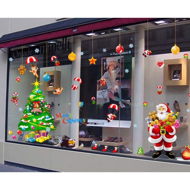 Decal trang trí noel bộ ghép size lớn ông già noel cây thông