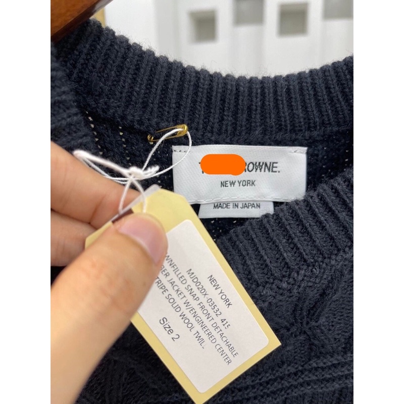 ⚜[Nguyên Bản] Áo Len THOM BROWN.E NAVY FINE MERINO WOOL ARAN CABLE TONAL 4-BAR CREWNECK PULLOVER Cao cấp