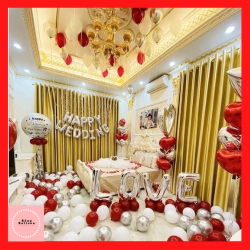 Set bóng bay trang trí phòng cưới màu đỏ cherry CC8 của Bống Balloon 🎈Tặng combo 3 chữ hỷ +cánh hoa trang trí phòng cưới