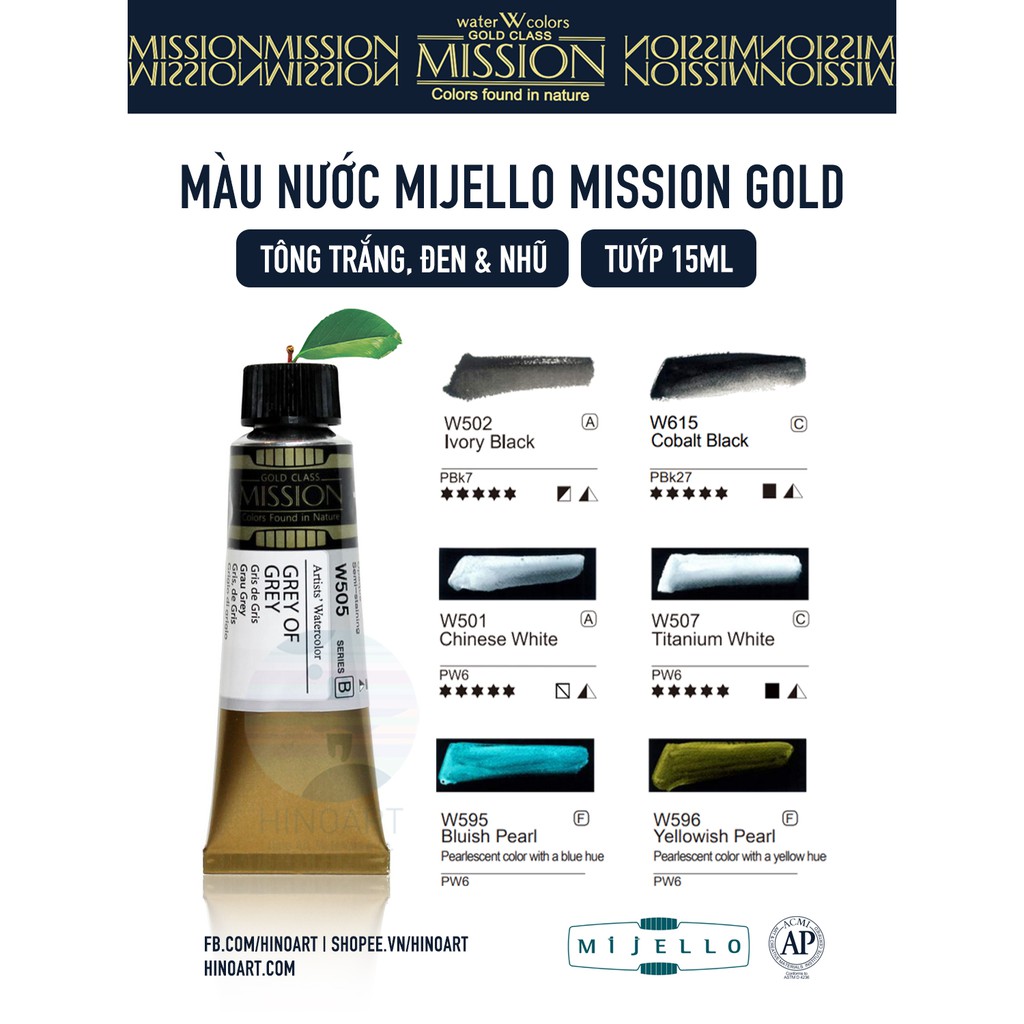 Tông đen, trắng, xám, nhũ màu nước Mijello Mission Gold - tuýp 15ml lẻ