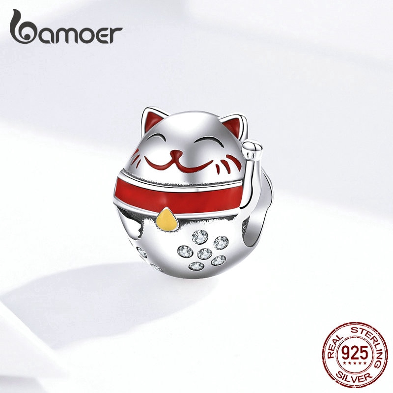 Hạt Charm Bamoer Bằng Bạc 925 Hình Mèo May Mắn Tráng Men Dùng Làm Vòng Tay Cho Nữ 3mm