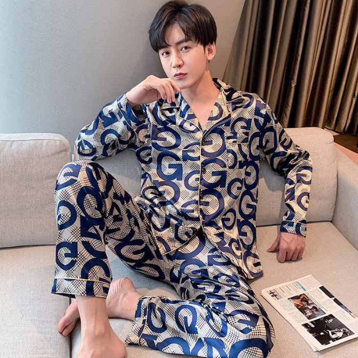 Bộ đồ ngủ tay dài vải lụa phong cách Hàn Quốc cho nam cỡ L-5XL