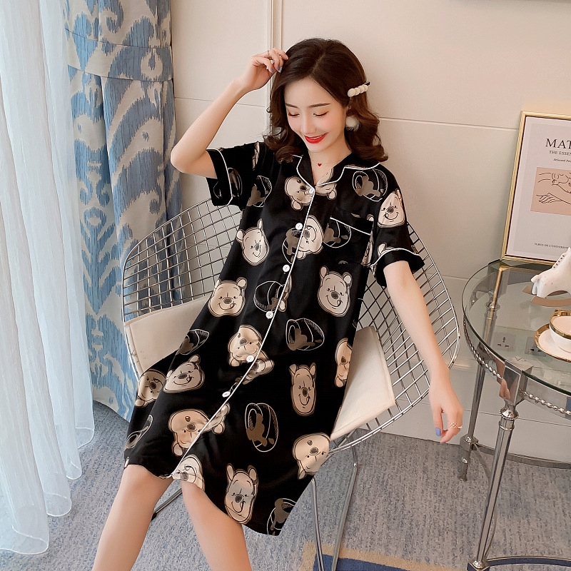 Đầm Ngủ Lụa In Hình Mèo Đáng Yêu Cho Nữ Cỡ M-2Xl
