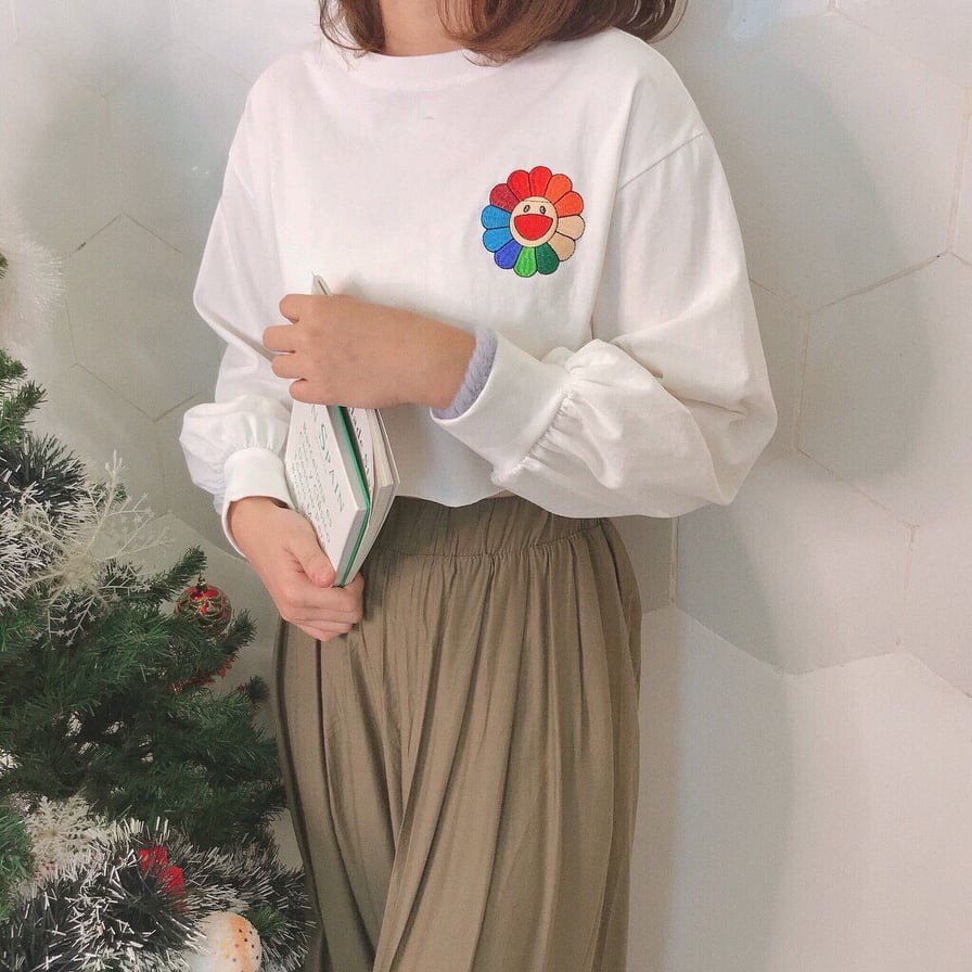 Áo croptop tay dài in hình hoa mặt trời cười ngộ nghĩnh TTSA0012