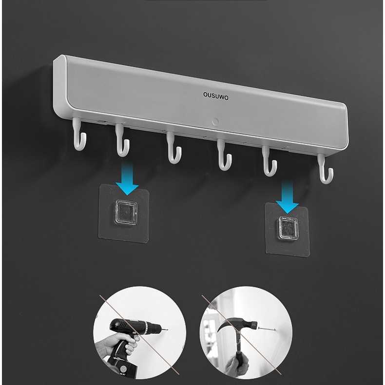Thanh móc treo đồ 6 móc Ousuwo treo đồ đa năng lắp đặt dính tường
