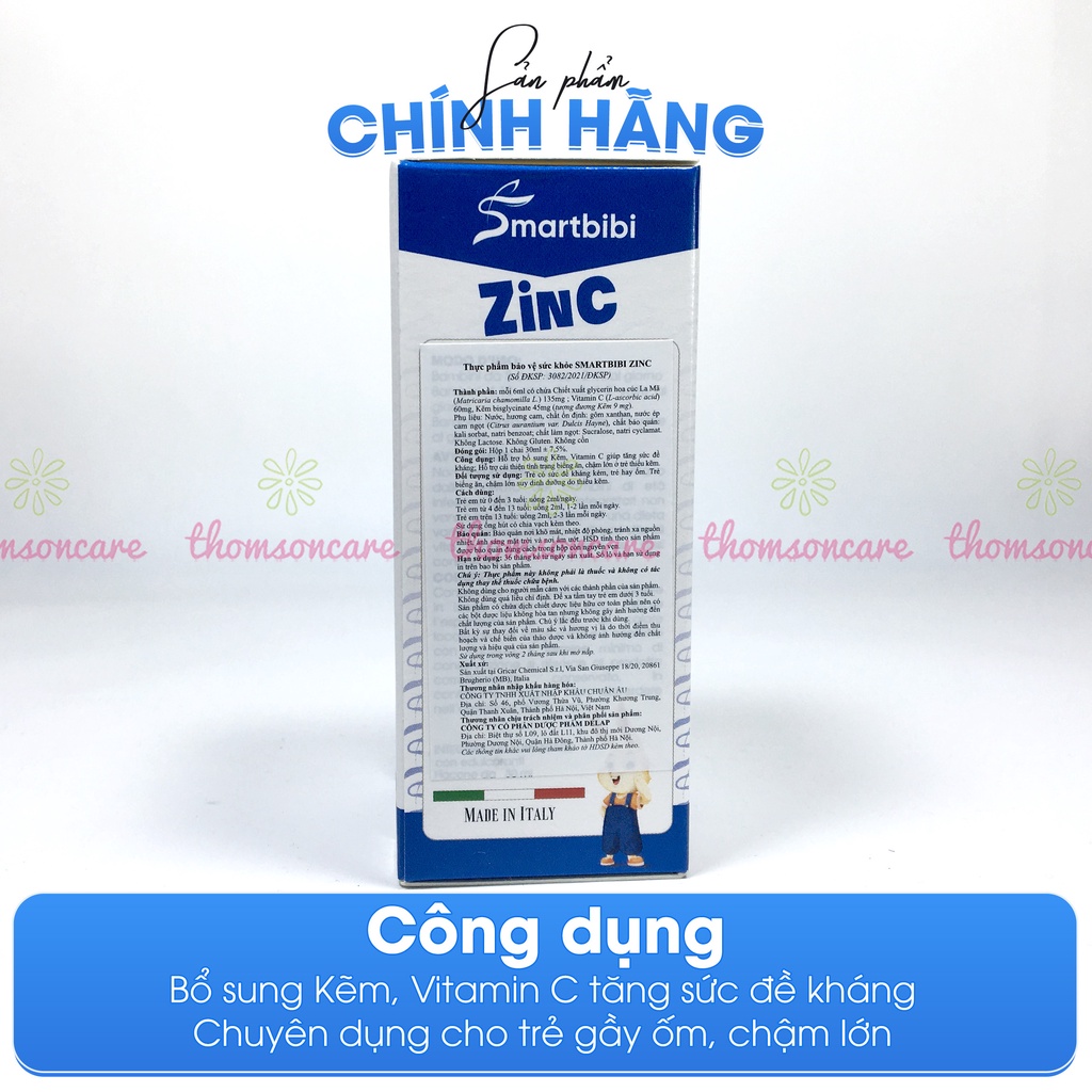 Smartbibi Zinc bổ sung siro kẽm tăng đề kháng, bé biếng ăn, tiêu hóa kém,tiêu chảy Smart bibi Zinc