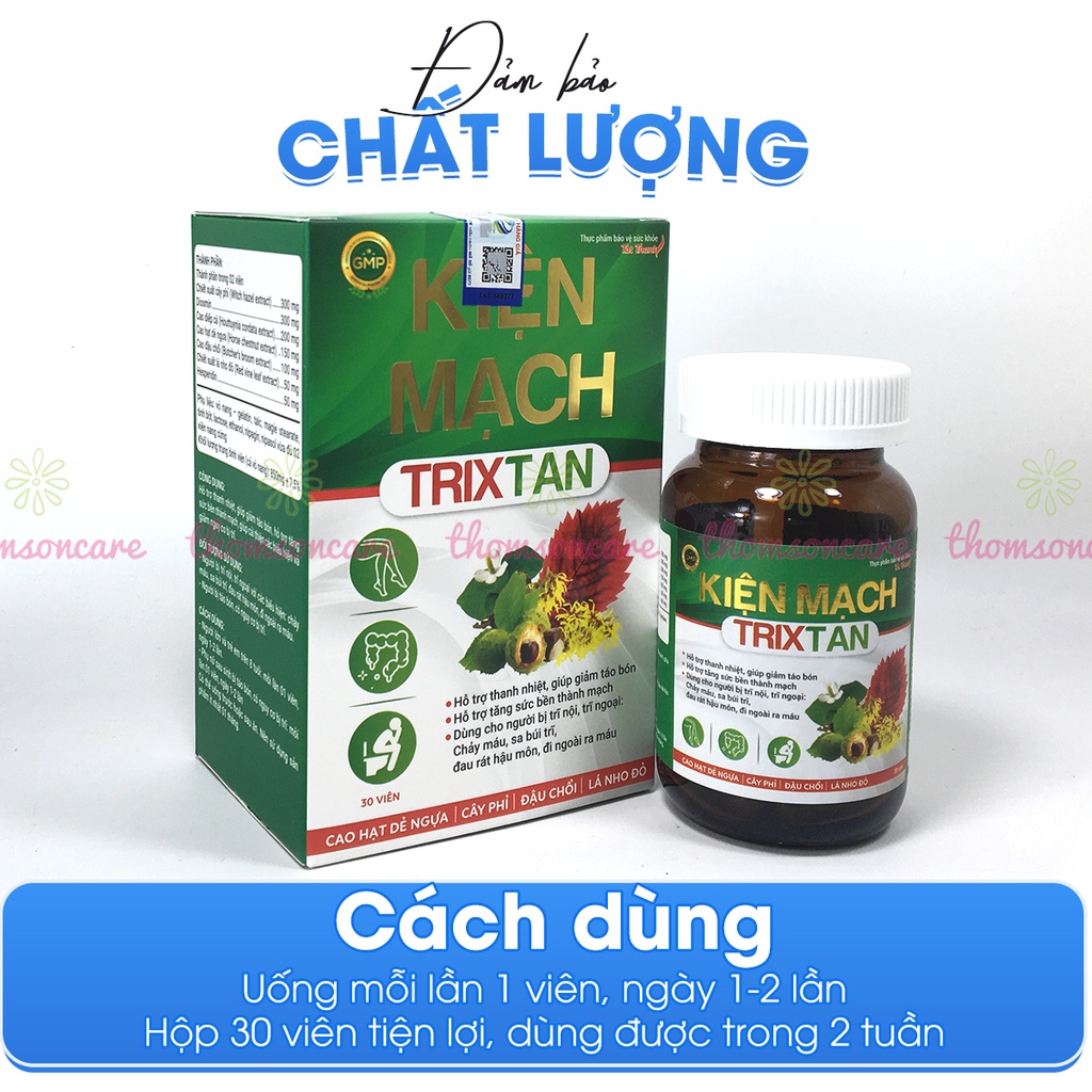 Giảm trĩ nội ngoại chảy máu, táo bón - Kiện Mạch Trixtan từ Diếp cá, giấp cá giúp thanh nhiệt, bền thành mạch - Hộp 30v