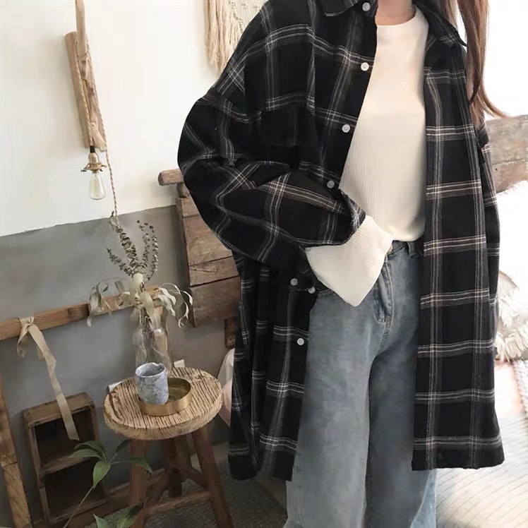 Áo sơ mi SUXI tay dài dáng rộng kẻ sọc caro trẻ trung phong cách Hàn Quốc cho nữ