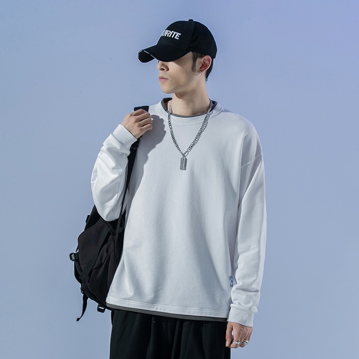 Áo Sweater Trơn Nam Nữ Unisex -Rew2021- Áo Thun Dài Tay Chất Nỉ Đanh Mịn -Kiểu Layer Basic- 2 Màu Xanh Dương,Trắng