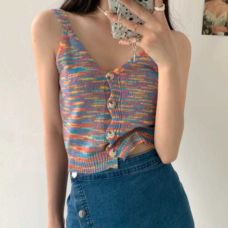 Áo Croptop Dệt Kim Hai Dây Cổ Chữ V Cài Nút Họa Tiết Kẻ Sọc Nhiều Màu Sắc Thời Trang Mùa Hè Quyến Rũ Cho Nữ