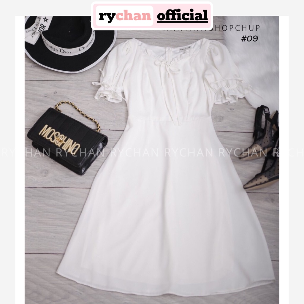 [ẢNH THẬT CUỐI] DX739 - Đầm Xòe Trắng Nơ Cổ Phối Tay Phồng