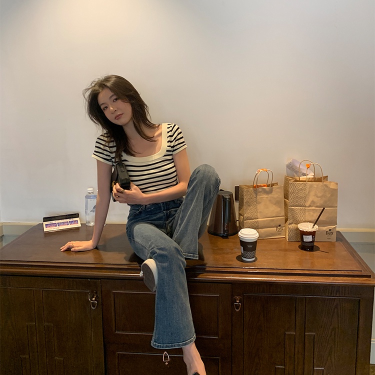 SUXI Áo Dệt Kim Tay Ngắn Cổ Vuông Dáng Rộng Họa Tiết Kẻ Sọc Thời Trang Mùa Hè Xinh Xắn Cho Nữ