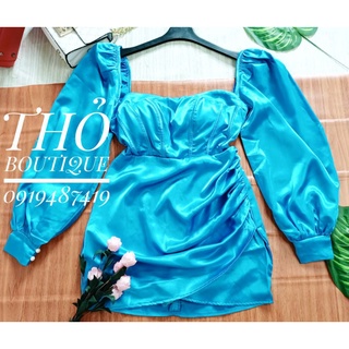 Đầm ngắn CYNTHIA ROWLEY lụa satin xanh da trời tay dài phồng trễ vai cổ vuông có mút ngực dúng eo
