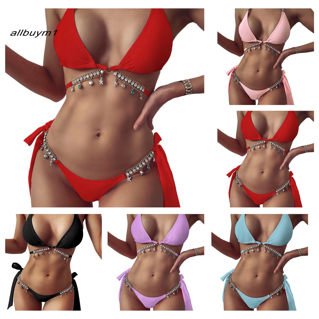 Set đồ bơi bikini có đệm ngực đính đá pha lê nhân tạo cho nữ khi đi bãi biển