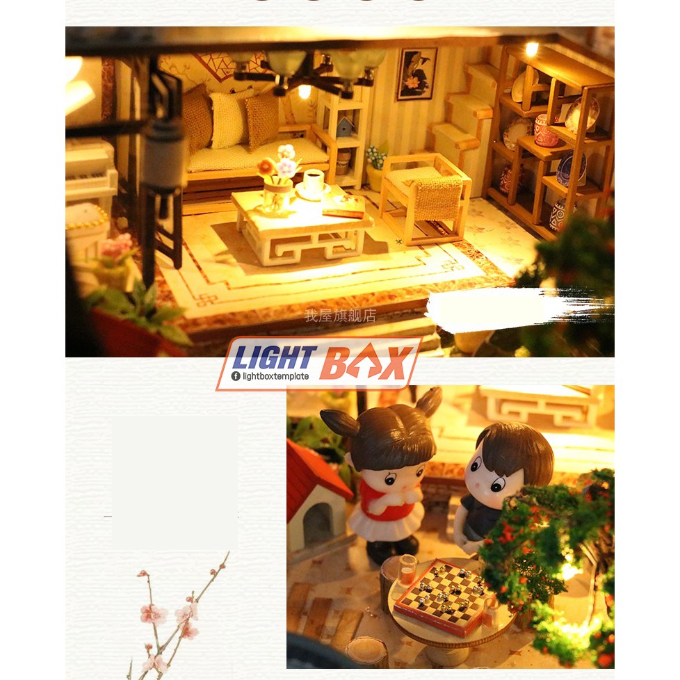 Nhà búp bê Tự làm bằng gỗ [Nhà có nội thất MỘNG HỒI CỔ TRẤN & đèn LED] Tặng khung bảo vệ + Dụng cụ