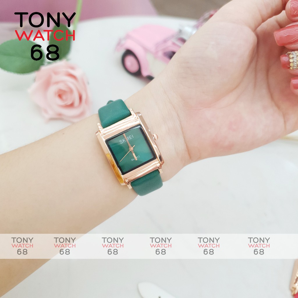 Đồng hồ nữ SKMEI dây da mặt vuông vền vàng chính hãng Tony Watch 68