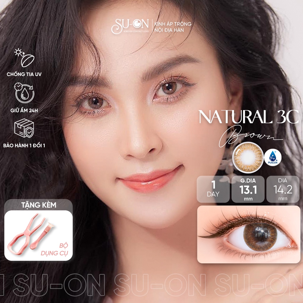 Lens 1 ngày Olens NATURAL 3C BROWN áp tròng 14,2mm, nâu hạt dẻ siêu đẹp best seller Olens, siêu êm đeo 24h