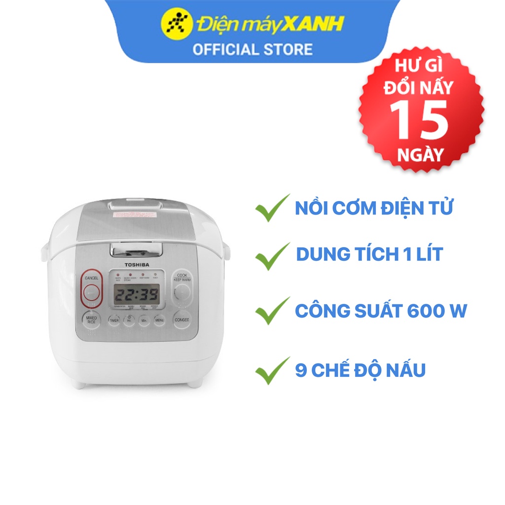 Nồi cơm điện tử Toshiba RC-10NMFVN(WT) 1 lít 600 W lòng nồi chống dính - Chính hãng BH 12 tháng - Sản xuất tại Thái Lan