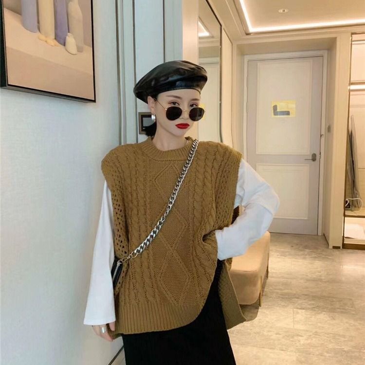 Áo sweater dệt kim không tay dáng rộng cổ tròn mặc kiểu chui đầu giúp giữ ấm thời trang Hàn Quốc cho nữ