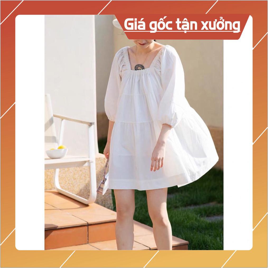 VÁY TRỄ VAI BABYDOLL TAY CHUN MÀU TÍM TRẮNG - ĐẦM CỔ VUÔNG BA TẦNG TRẮNG TÍM ULZZANG