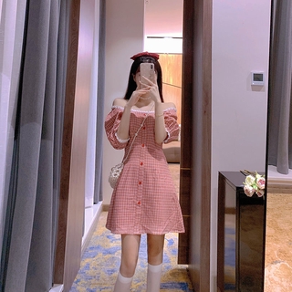 Summer new French retro short women's short-sleeved off-the-shoulder dress women