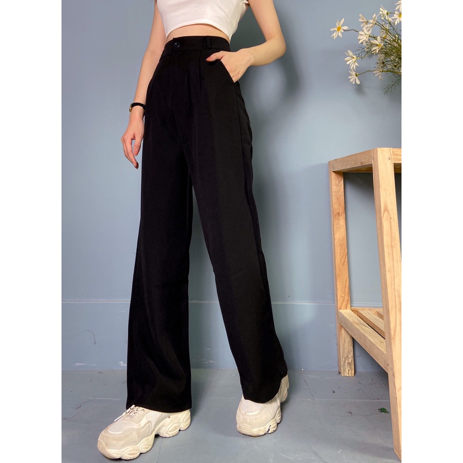 Quần ống rộng hack dáng form đứng lưng cao chất liệu cotton , quần suông ống rộng đen 1 cúc