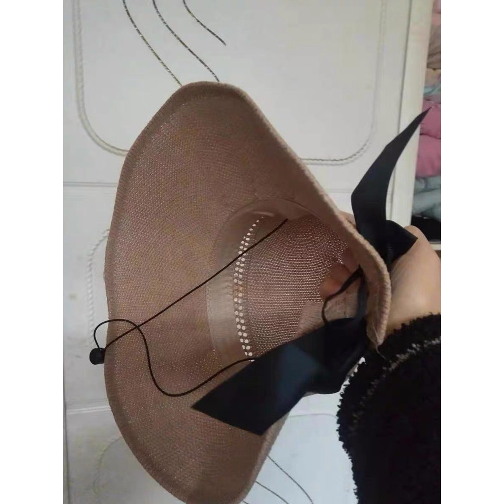 mũ cói mềm rộng vành lộ đỉnh có nơ sau
