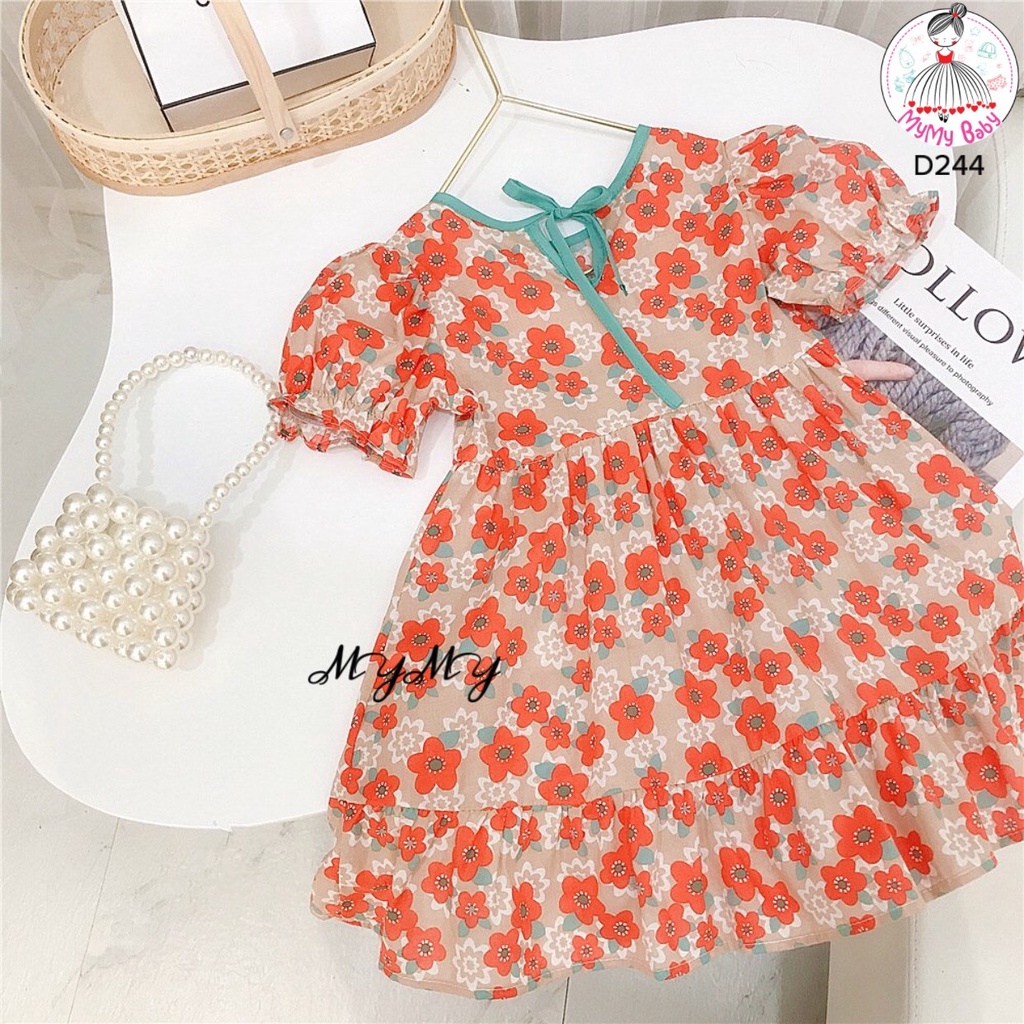 Đầm hoa đỏ nơ xanh