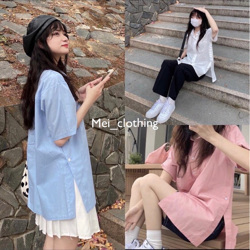Áo sơmi cộc tay xẻ tà, khuy hông tông màu pastel Hàn Quốc cực xinh