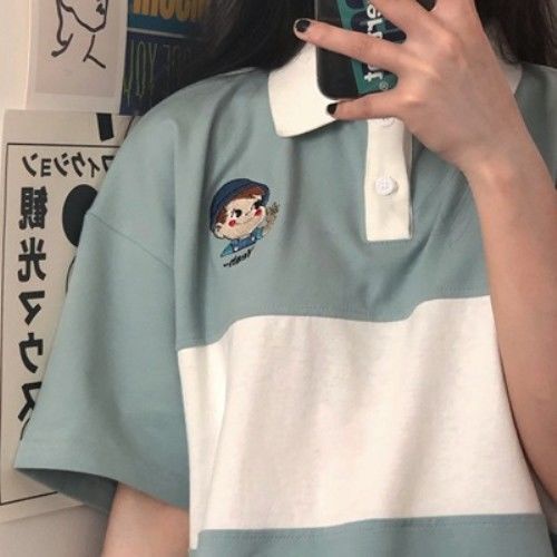 Áo polo Ngắn Tay Form Rộng Thêu Họa Tiết Hoạt Hình Phong Cách Hàn Quốc Thời Trang Cho Nữ
