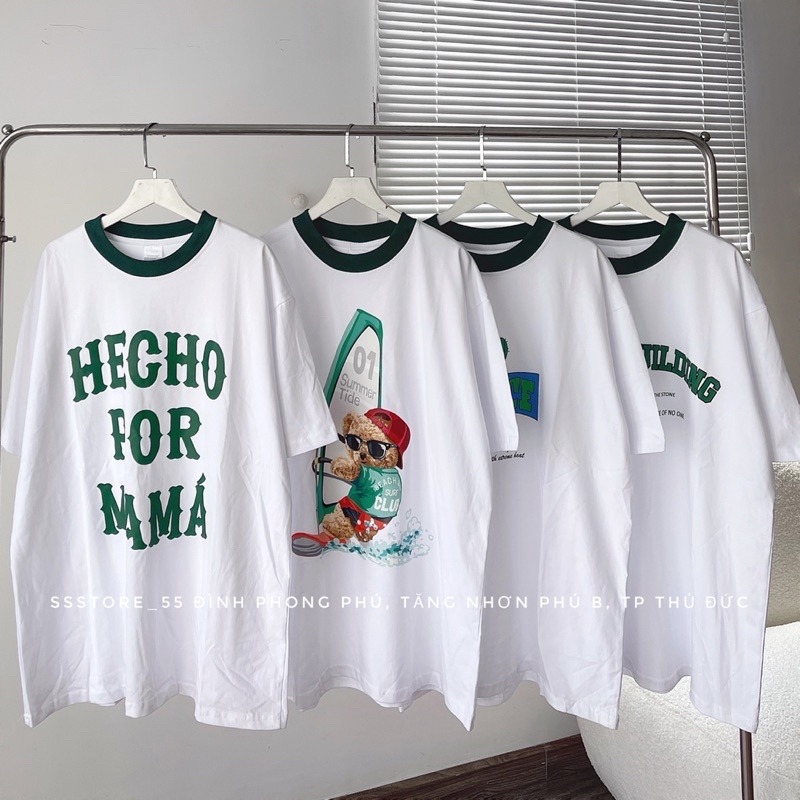 Áo thun cotton 100% viền cổ xanh Form rộng unisex nam nữ