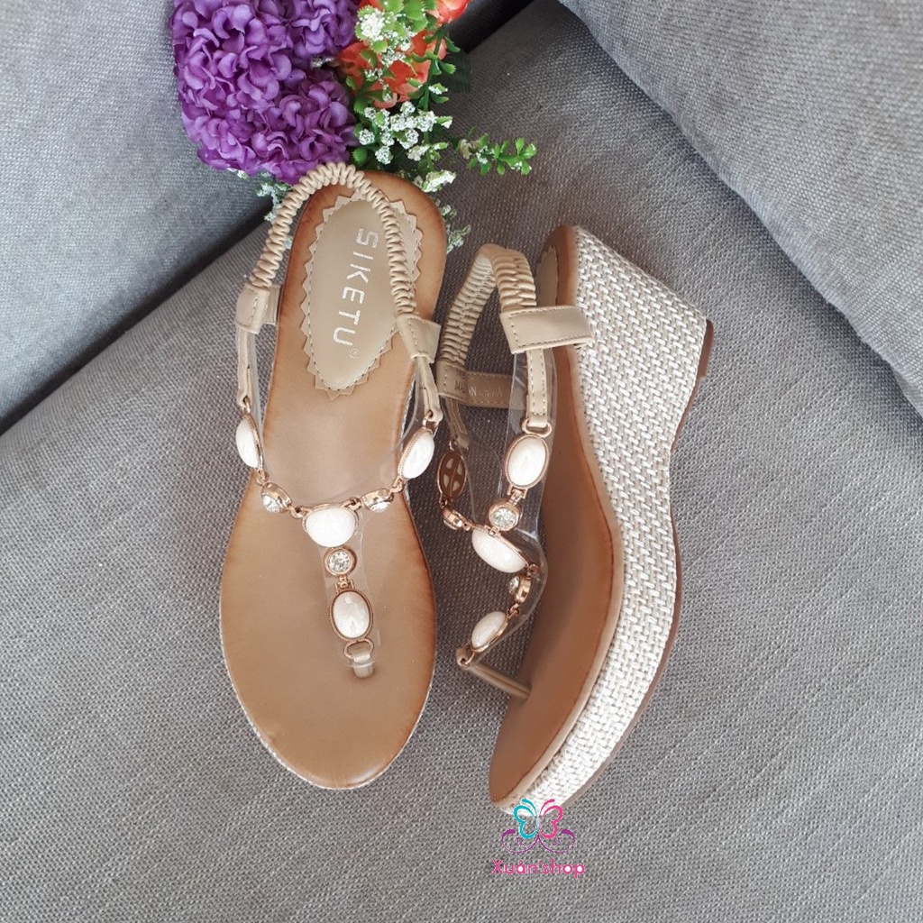 Giày sandal xỏ ngón Siketu, đế xuồng bọc cói cao 7cm (size 37-235)