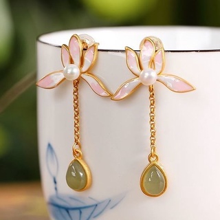 Bông tai mạ bạc hình hoa sen đính đá ngọc bích tự nhiên