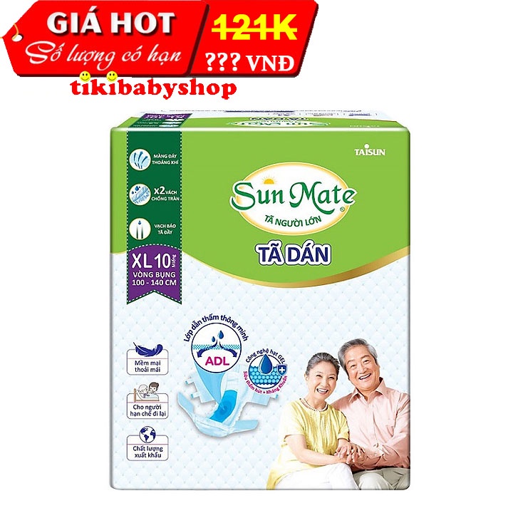  Tã Dán Người Lớn SunMate Size XL10 - Vòng Bụng 100-140cm - Bịch 10 Miếng