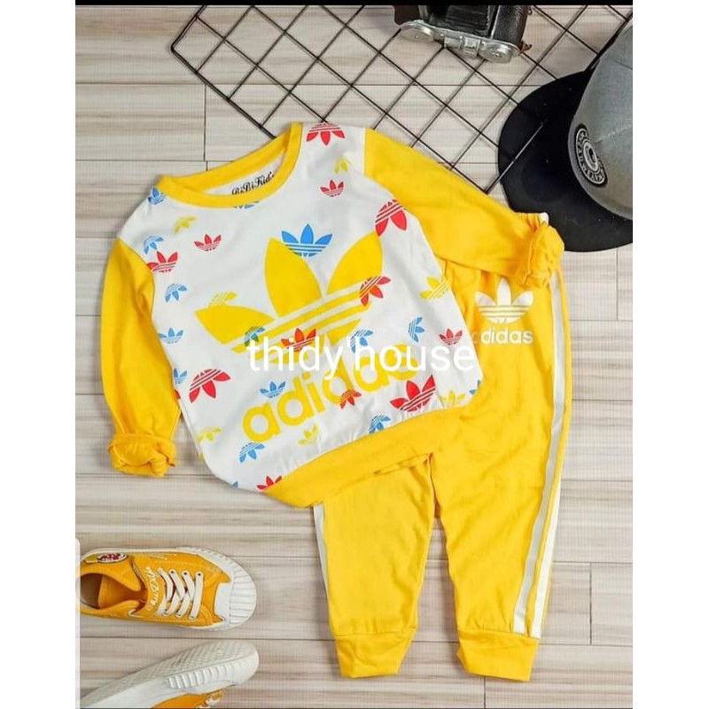 Bộ mặc nhà ngủ (quần dài, áo dài tay) 100% cotton adidas cho bé trai/gái 12- 24kg màu xanh/màu vàng