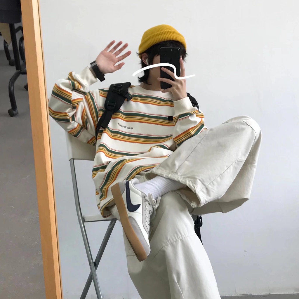 Áo Sweater tay dài dáng rộng họa tiết kẻ sọc phong cách vintage Hàn Quốc thời trang cho nam