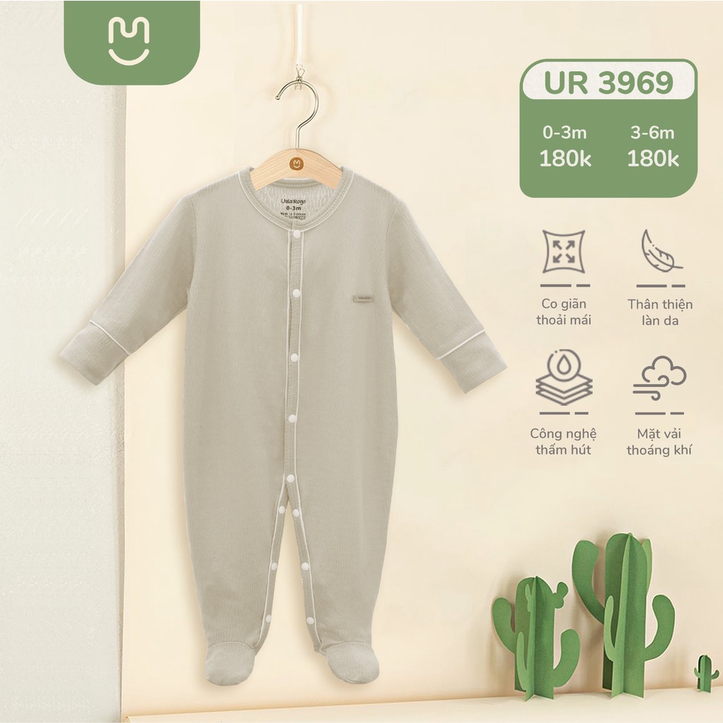 Bodysuit chùm chân cúc giữa Ualarogo 0-6 tháng vải cotton thấm hút dài tay