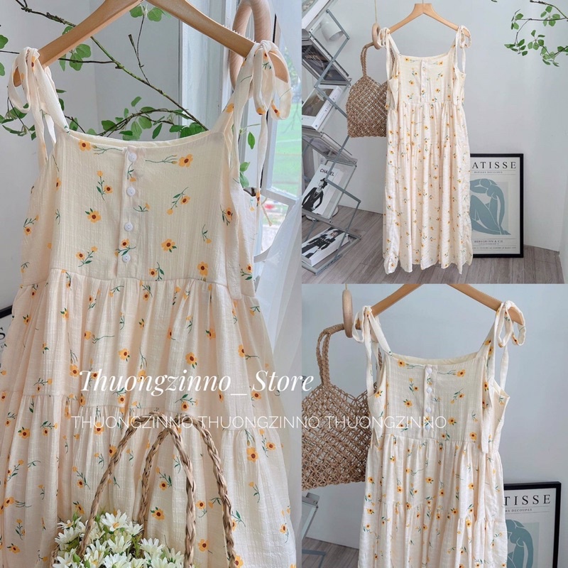 [Siêu hot] Đầm hai dây hoa nhí vàng yellow  Đầm hai dây lụa buộc vai  hoa vintage Hàn Quốc
