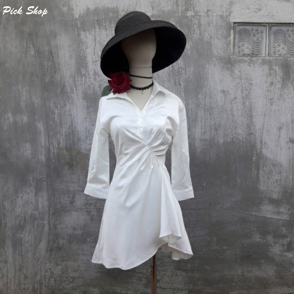 Pick  Shop - Ảnh thật - Đầm sơ mi lụa nhún eo
