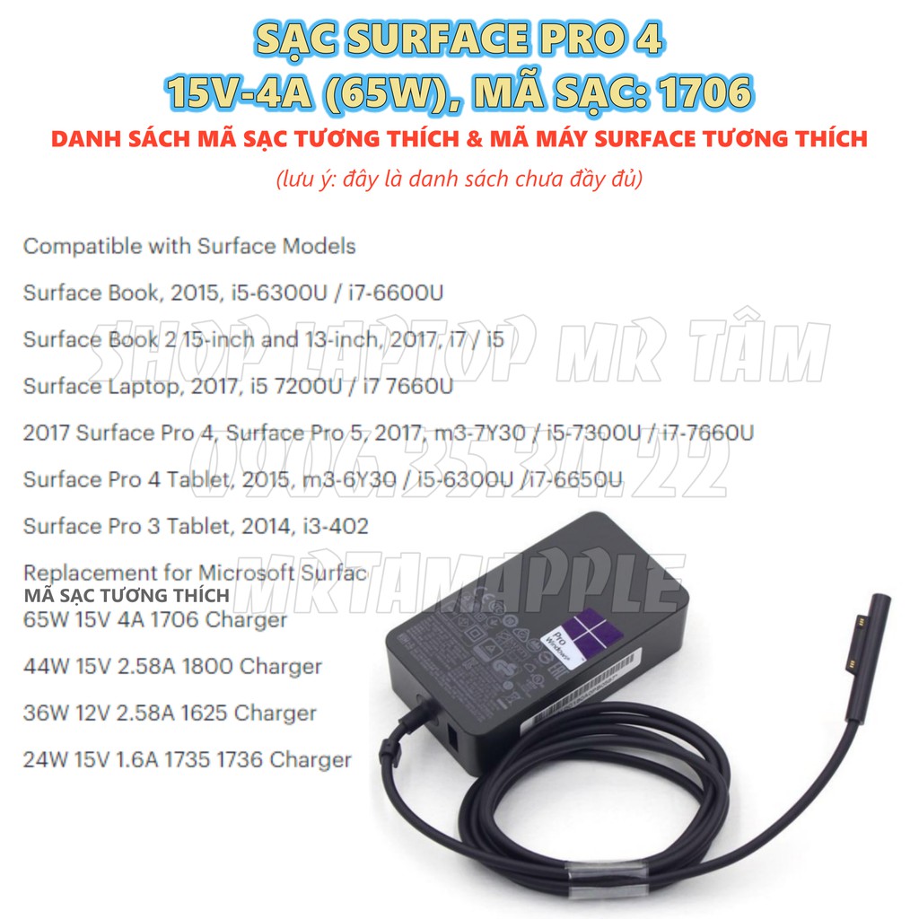 (ADAPTER) SẠC SURFACE PRO 4 - 15V-4A (65W) (SẠC ZIN) - mã sạc 1706