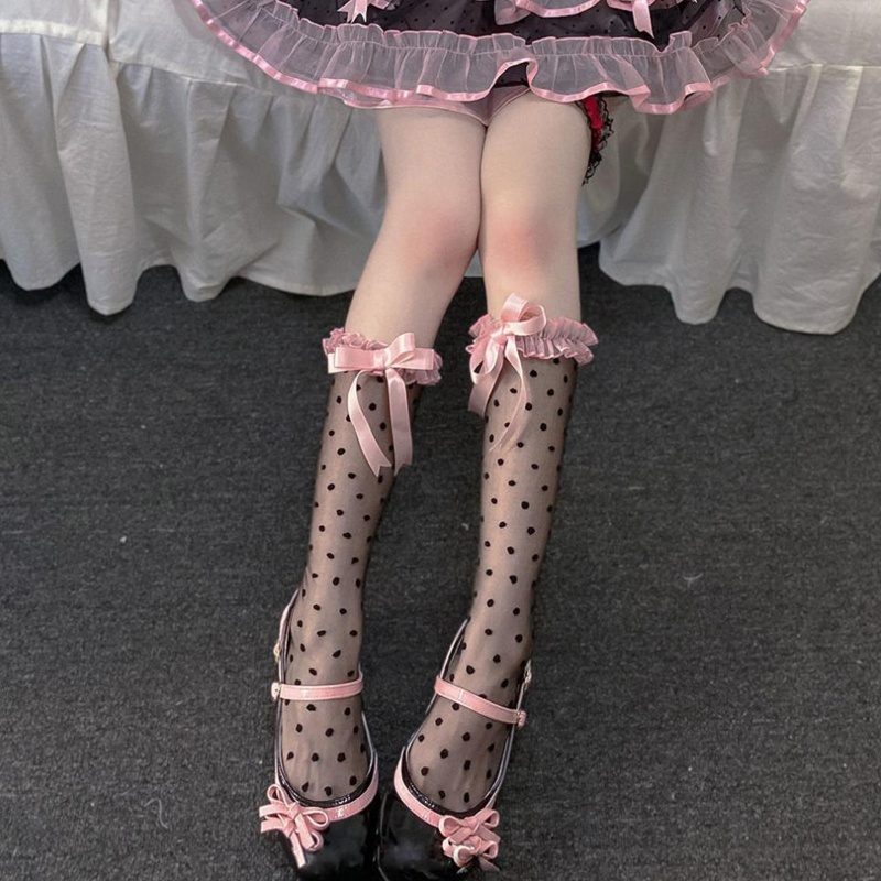 Tất Lưới Mỏng Phối Nơ Họa Tiết Chấm Bi Phong Cách Lolita Nhật Bản