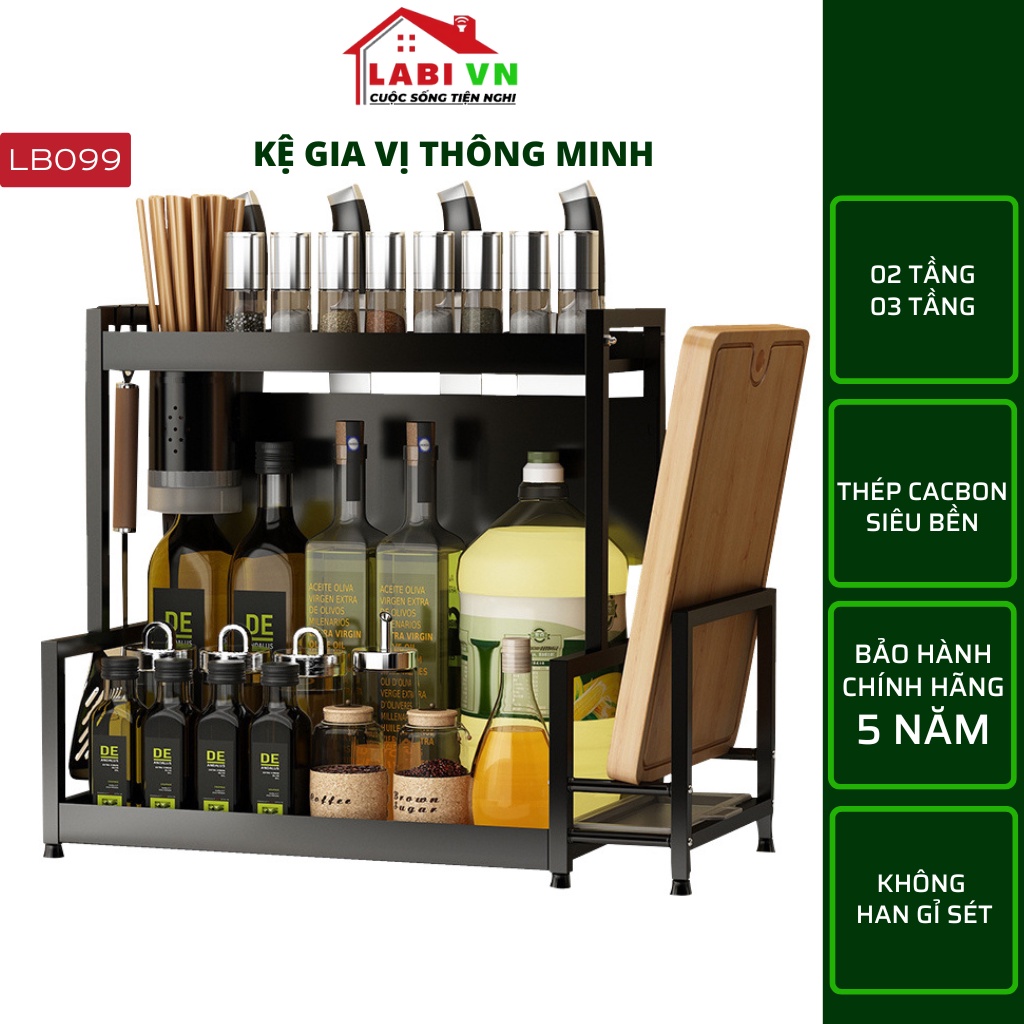 Kệ đựng gia vị nhà bếp 3 tầng LABIVN LB099 Thép Cacbon, không gỉ - Có kèm theo giá treo dao, thớt, móc treo khăn