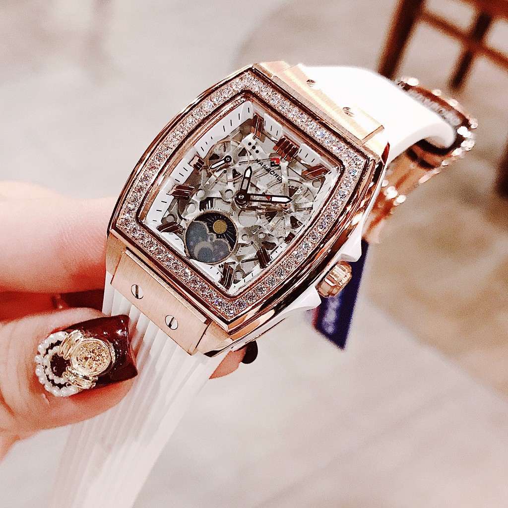 Đồng Hồ Hanboro Nữ Dây Silicon Trắng Rose Gold Authentic 36mm