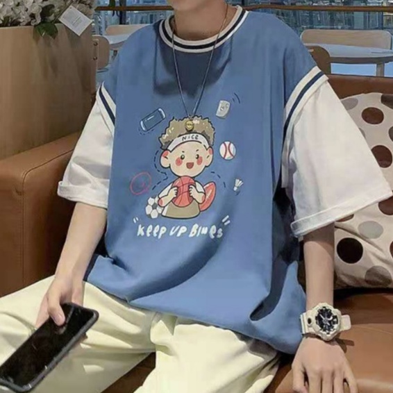 Áo thun nam Tay Ngắn áo thun tay lỡ Giả Hai Lớp In áo phông nam Họa Tiết áo phông form rộng Thời Trang áo thể thao nam phong cách Hàn Quốc áo thun mỹ áo thun kiểu nữ