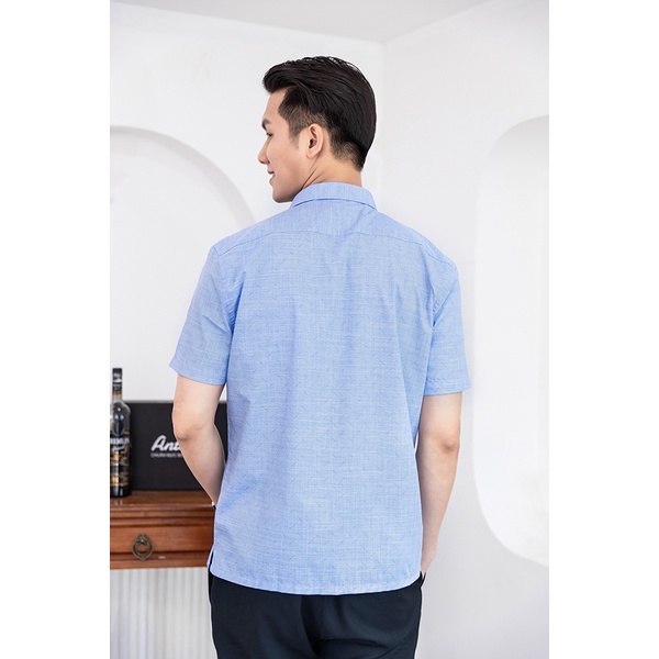 Áo Sơ Mi Nam Công Sở Trung Niên Thương Hiệu Anton Ngắn Tay Vải Cotton Xanh Dương In Họa Tiết - YGD561